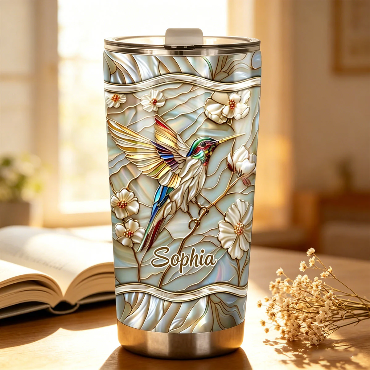 Stained Glass Hummingbird Personalized Name Tumbler - Image 4