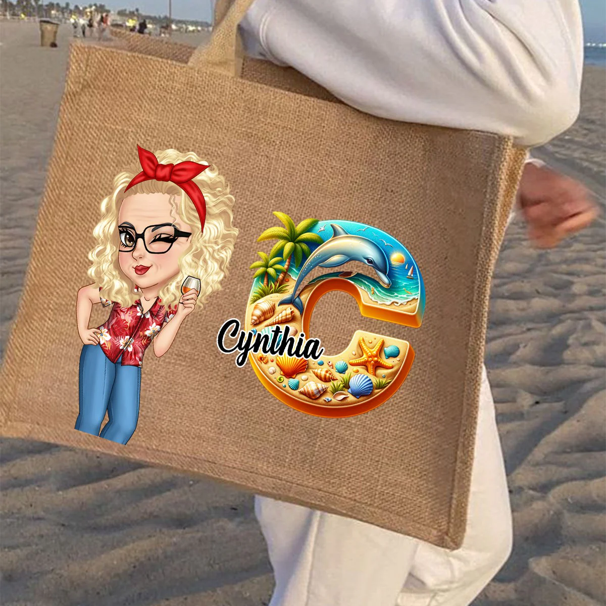 Summer Is Calling Beach Vacation Monogram - Personalized Beach Jute Tote Bag - Image 5