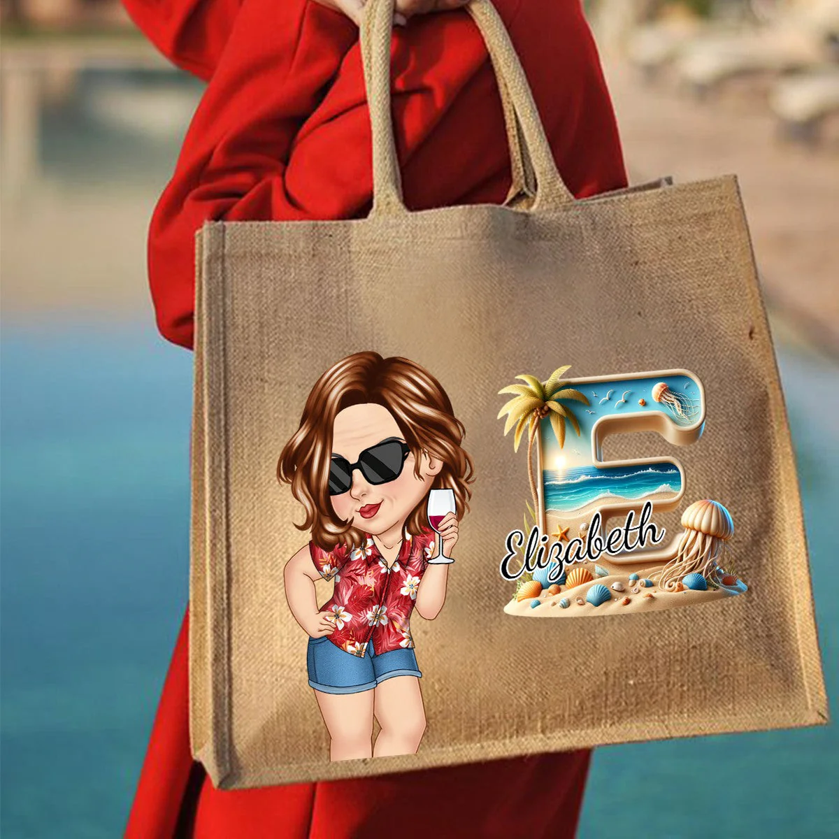 Summer Is Calling Beach Vacation Monogram - Personalized Beach Jute Tote Bag - Image 6