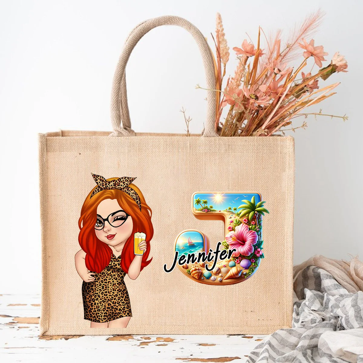 Summer Is Calling Beach Vacation Monogram - Personalized Beach Jute Tote Bag - Image 8