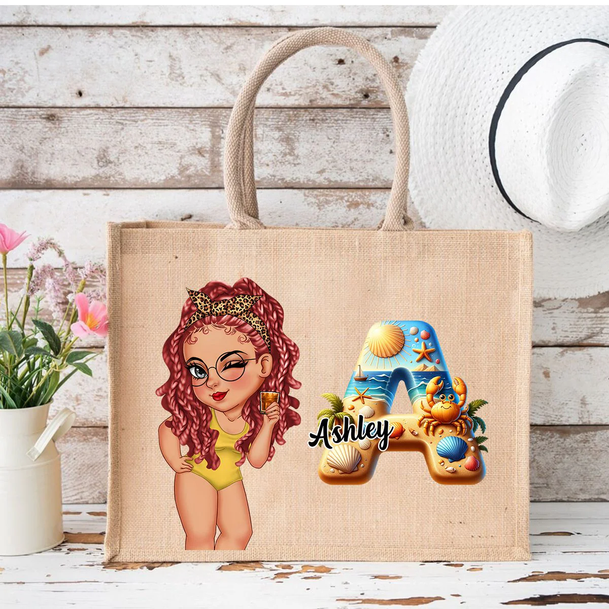 Summer Is Calling Beach Vacation Monogram - Personalized Beach Jute Tote Bag - Image 9