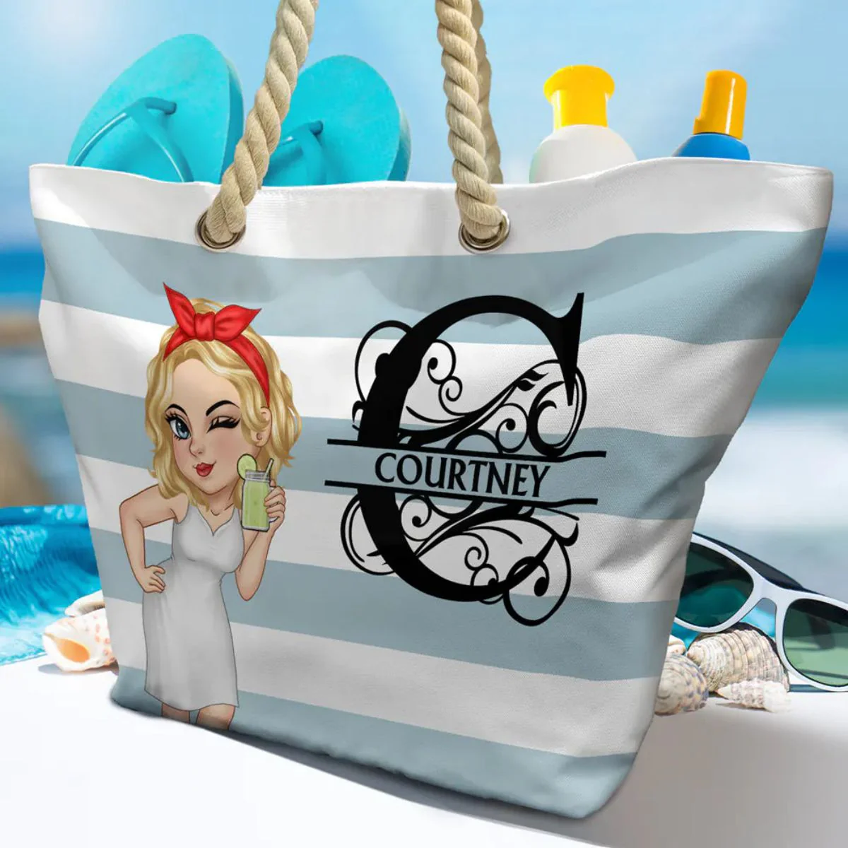 Summer Is Calling Beach Vacation Monogram - Personalized Stripes Beach Bag - Image 2