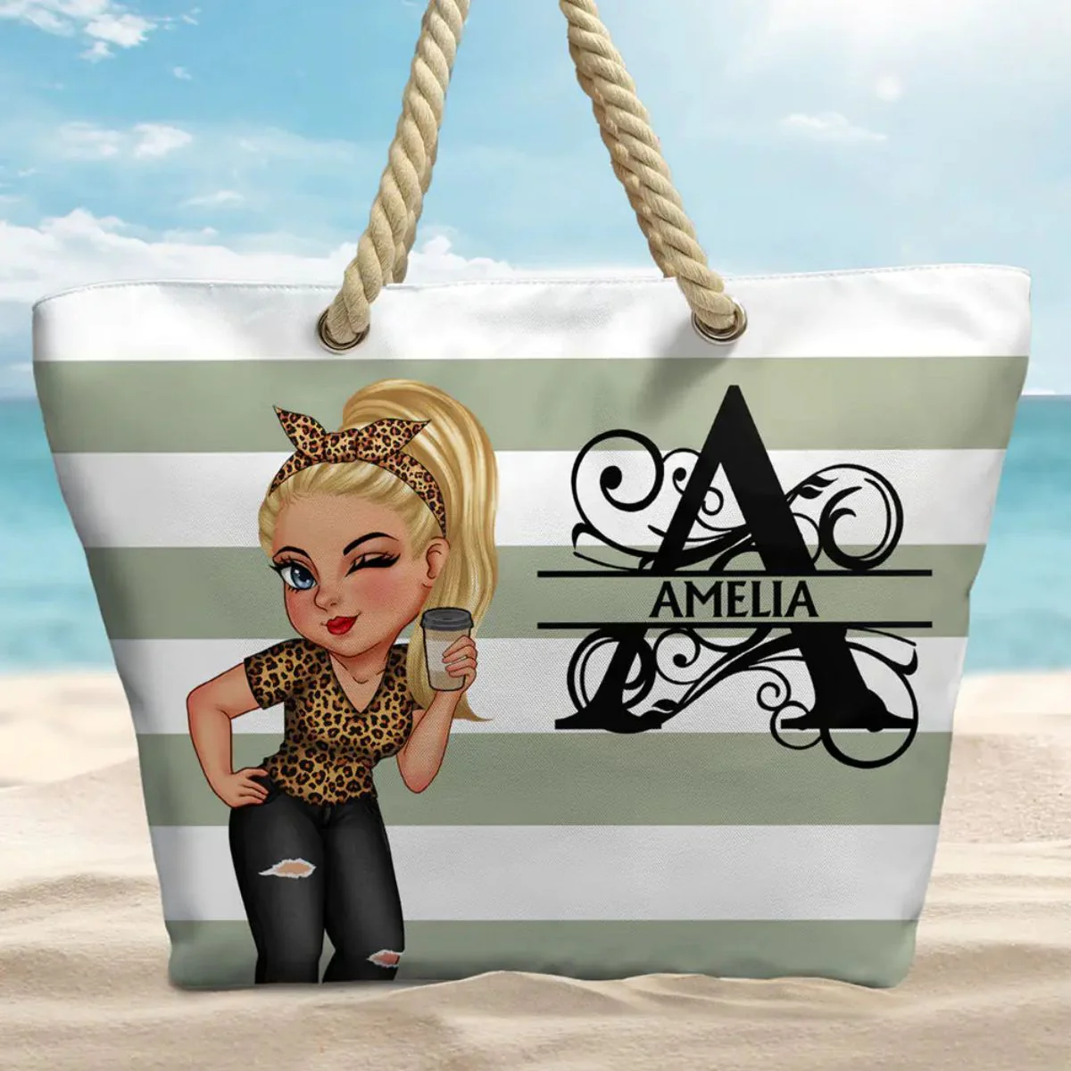 Summer Is Calling Beach Vacation Monogram - Personalized Stripes Beach Bag - Image 3