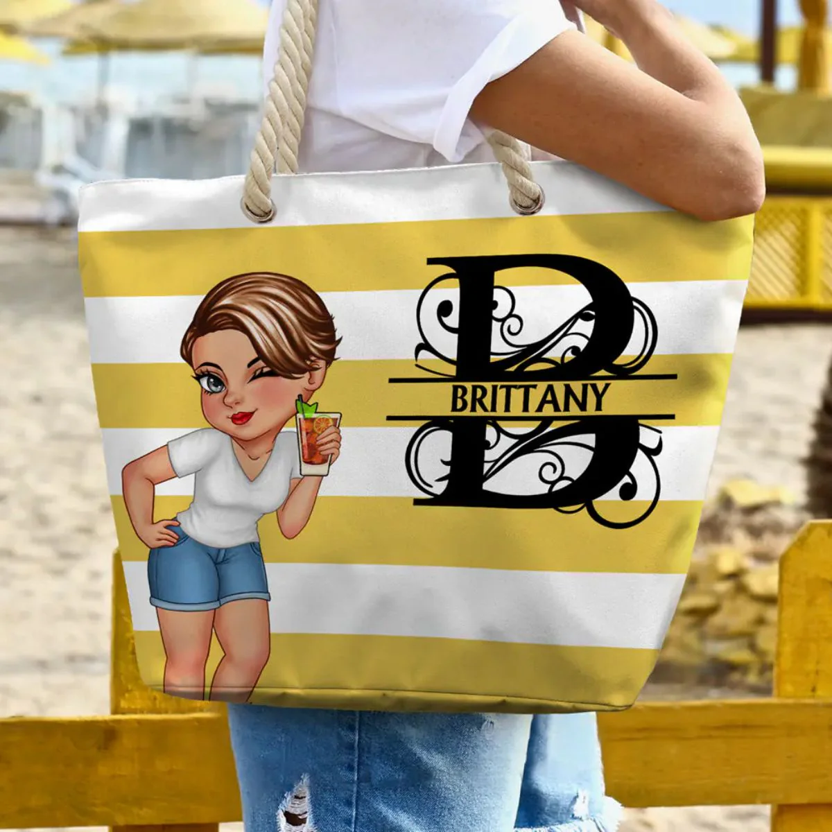 Summer Is Calling Beach Vacation Monogram - Personalized Stripes Beach Bag - Image 4