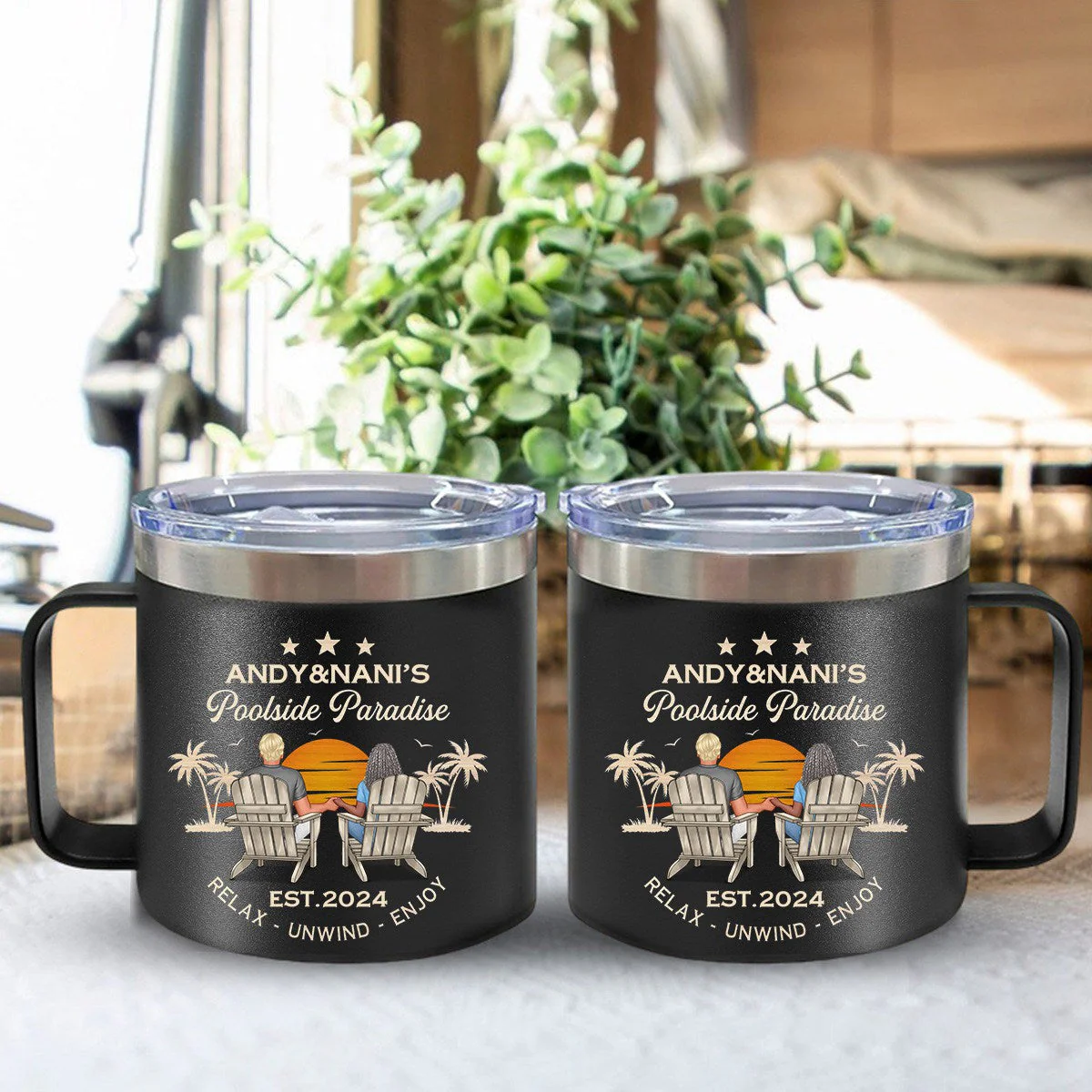 Sunset Couple Sitting Personalized 14oz Stainless Steel Tumbler With Handle - Image 2