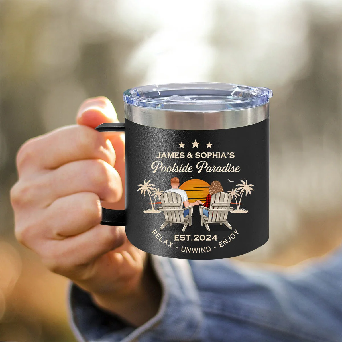 Sunset Couple Sitting Personalized 14oz Stainless Steel Tumbler With Handle - Image 3