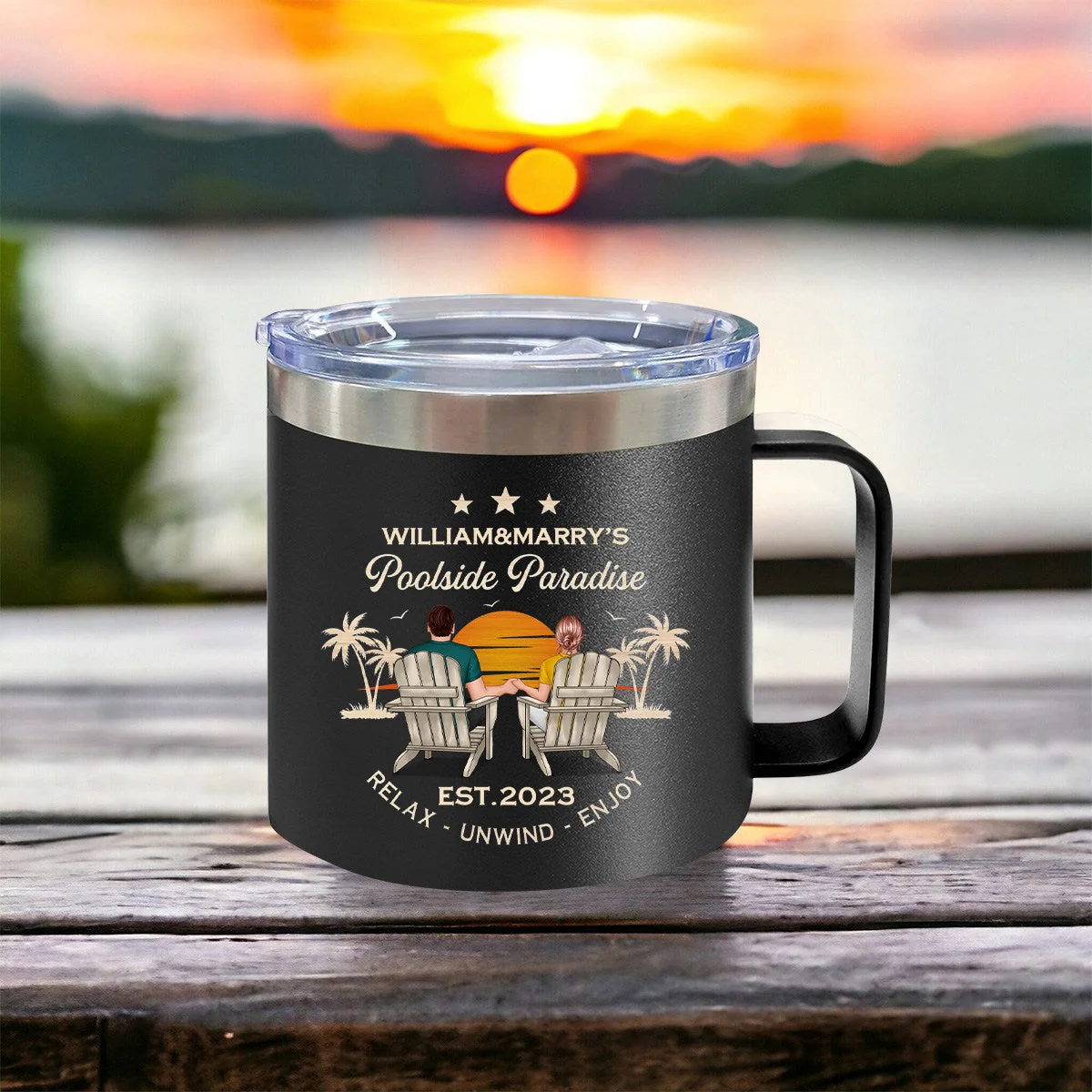Sunset Couple Sitting Personalized 14oz Stainless Steel Tumbler With Handle - Image 4