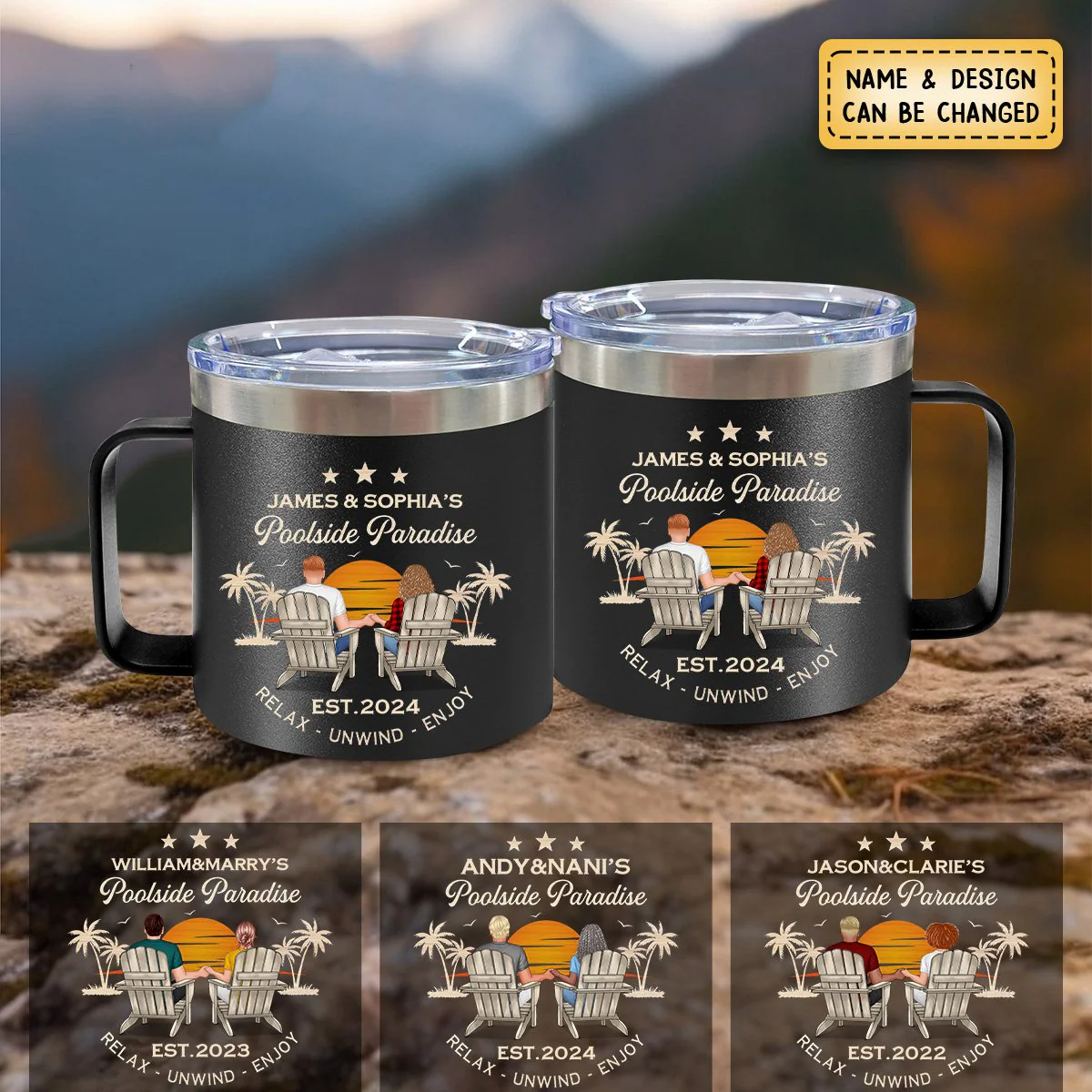 Sunset Couple Sitting Personalized 14oz Stainless Steel Tumbler With Handle - Image 6