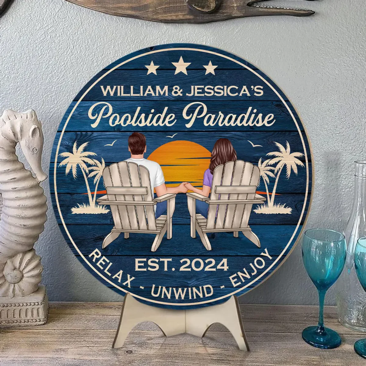 Swimming Pool Zone Decor Couple Sitting Personalized Wood Sign - Image 5