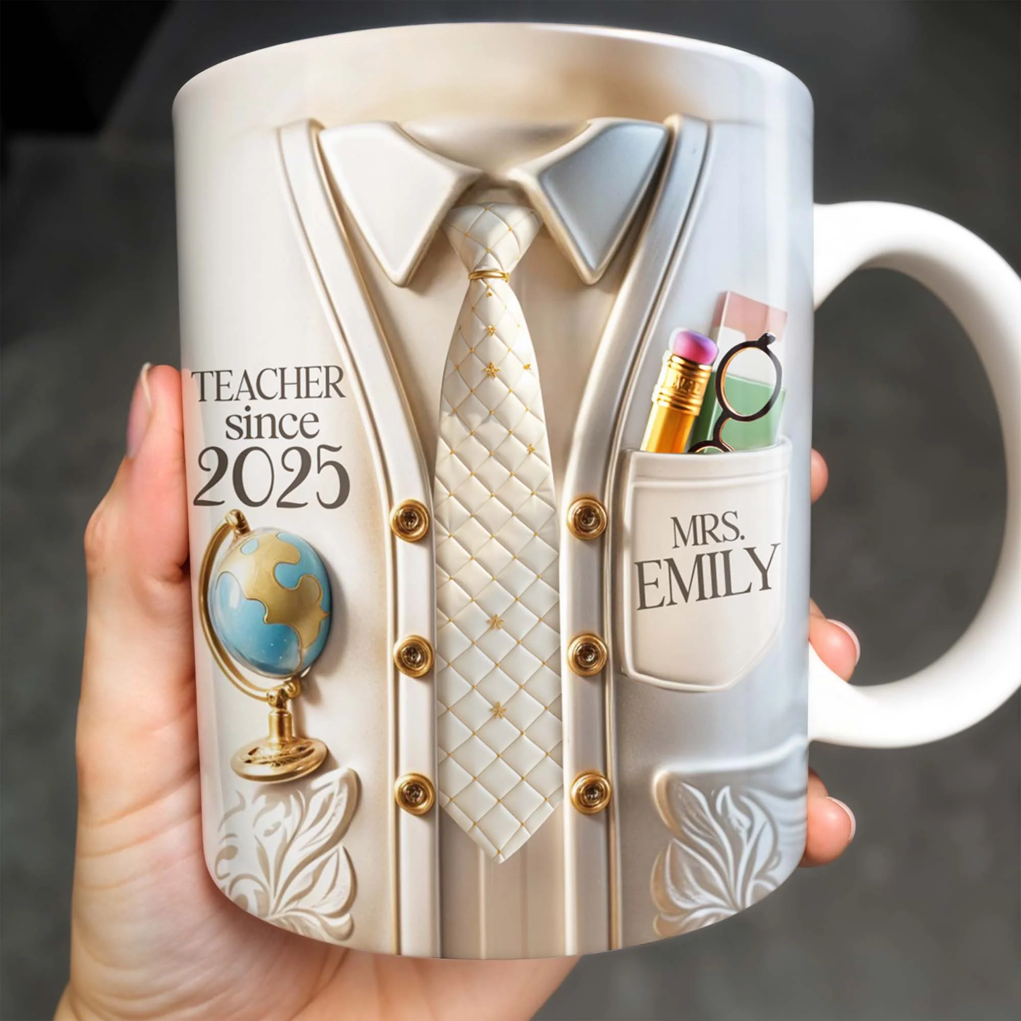 Teacher Since 2025 Featuring Tie, Globe, and Pocket, Personalized Coffee Mug, Gift For Teachers - Image 2