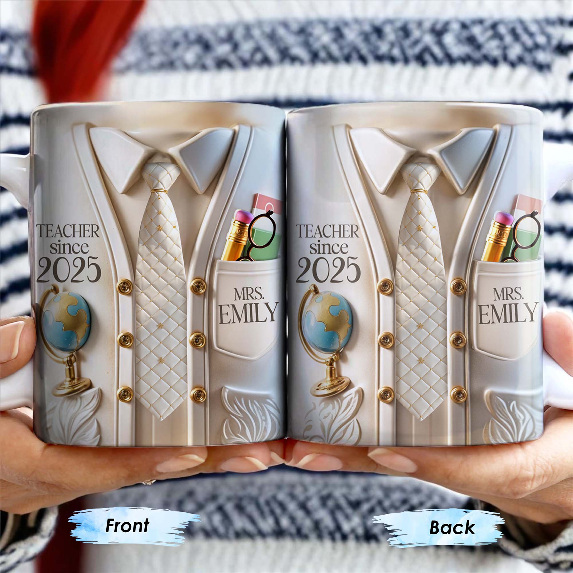 Teacher Since 2025 Featuring Tie, Globe, and Pocket, Personalized Coffee Mug, Gift For Teachers - Image 3