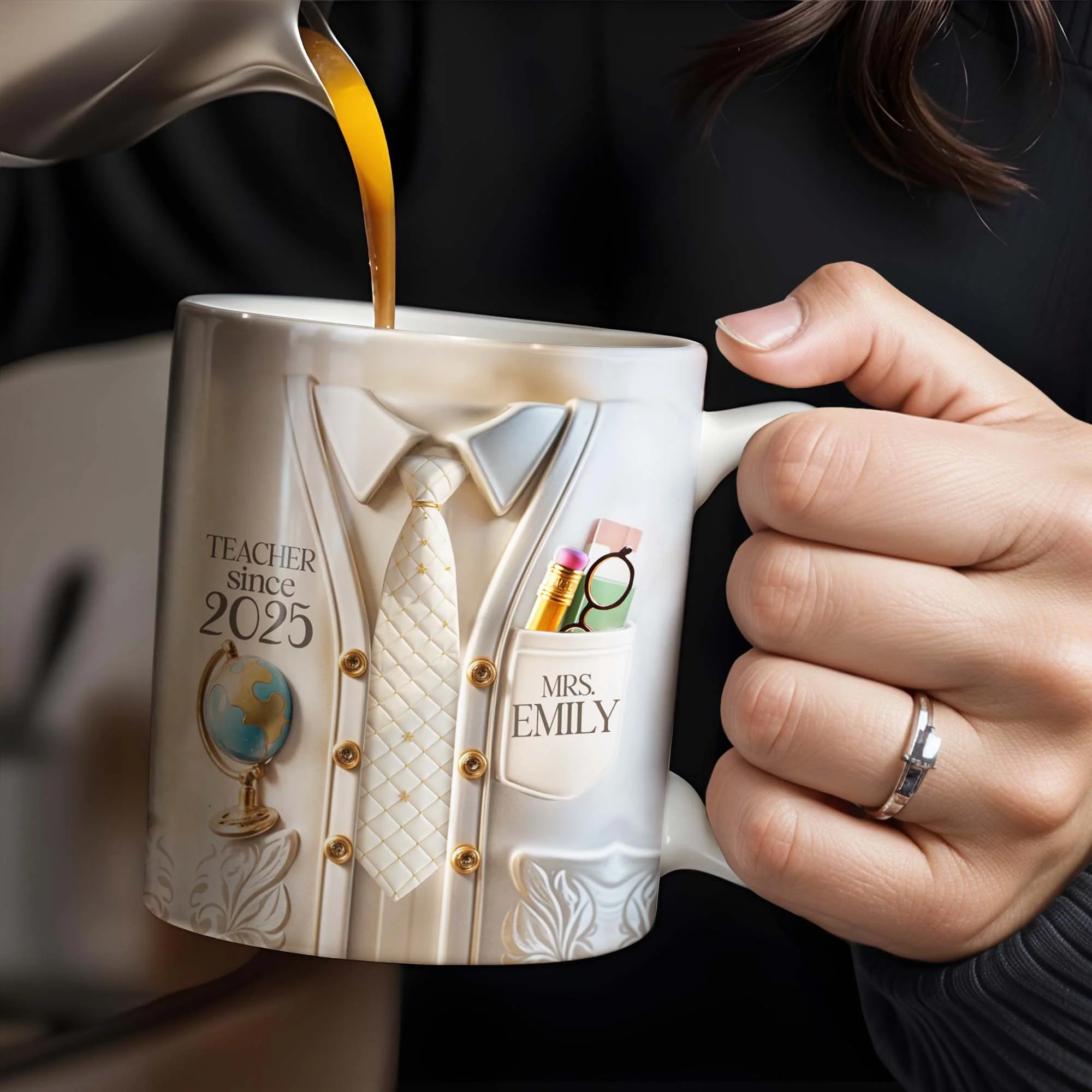 Teacher Since 2025 Featuring Tie, Globe, and Pocket, Personalized Coffee Mug, Gift For Teachers - Image 4