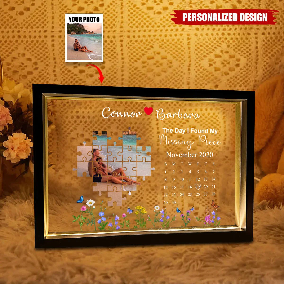 The Day I Found My Missing Piece - Personalized LED Light Wooden Frame Gift For Couple - Image 3