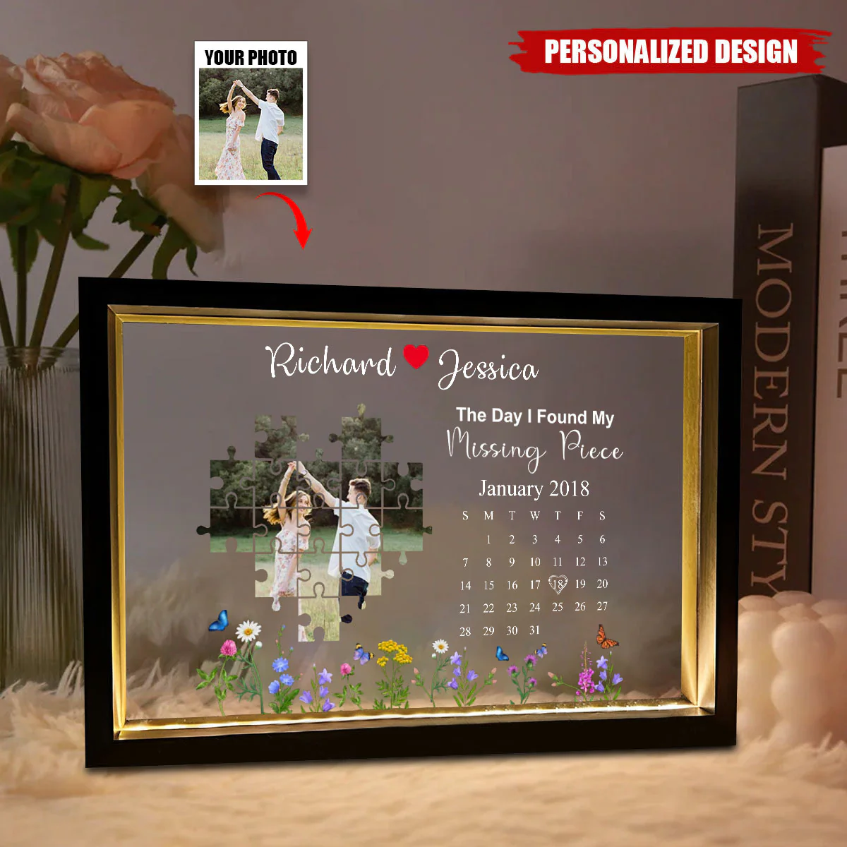 The Day I Found My Missing Piece - Personalized LED Light Wooden Frame Gift For Couple - Image 9