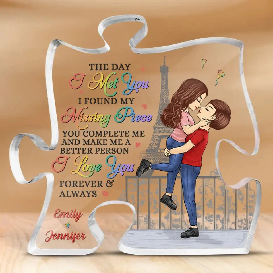 The Day I Met You I Found My Missing Piece - Couple Personalized Custom Puzzle Shaped Acrylic Plaque - Gift For Husband Wife, Anniversary - Image 2
