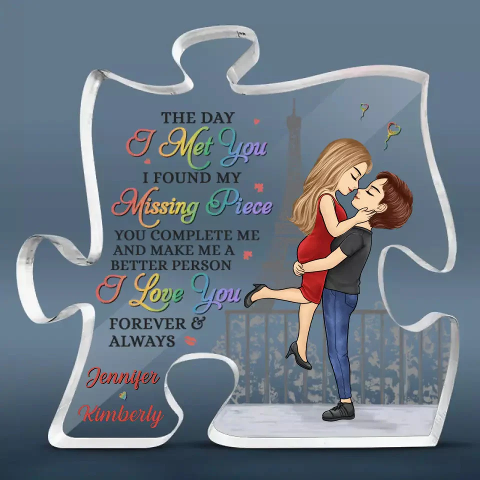 The Day I Met You I Found My Missing Piece - Couple Personalized Custom Puzzle Shaped Acrylic Plaque - Gift For Husband Wife, Anniversary - Image 3