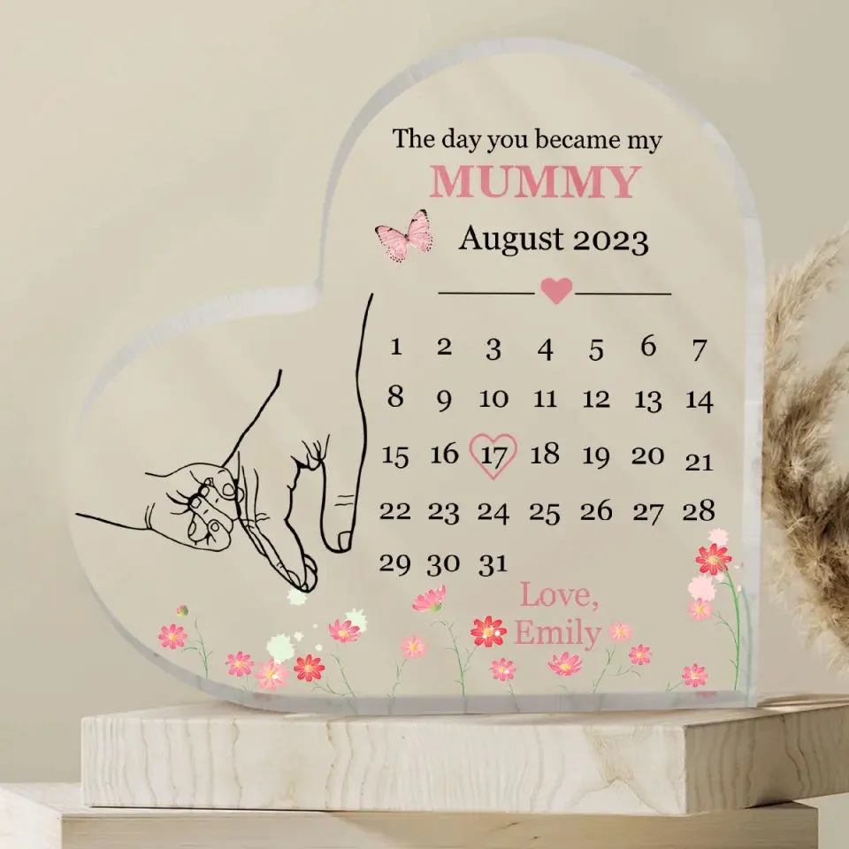 The Day You Become My Mommy Personalized Heart-shaped Acrylic Plaque - Image 4
