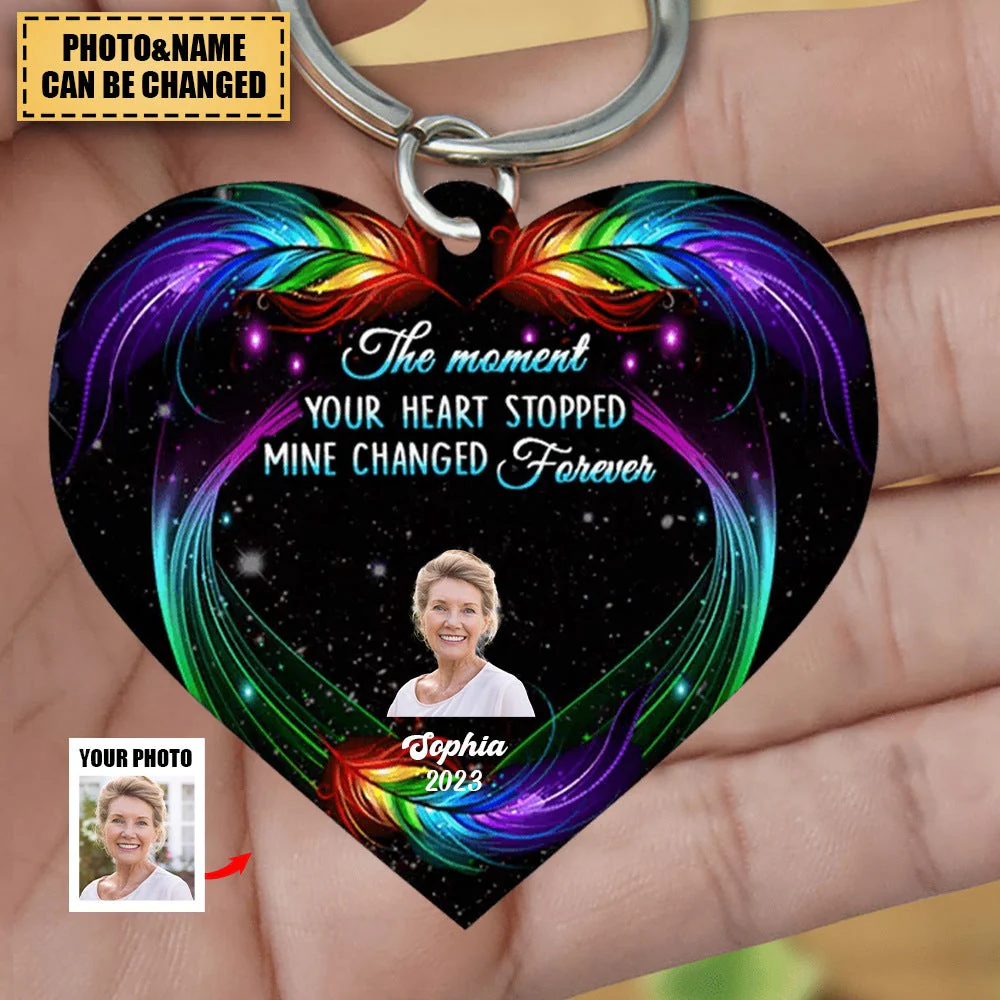 Personalized The Moment Your Heart Stopped Mine Changed Forever Butterfly Feather Pattern Memorial Acrylic  Keychain - Image 2