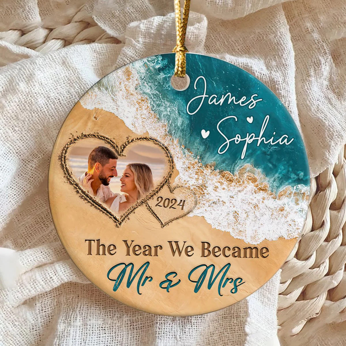 The Year We Became Mr & Mrs – Personalized Beach Christmas Ceramic Ornament Gift For Couple - Image 3