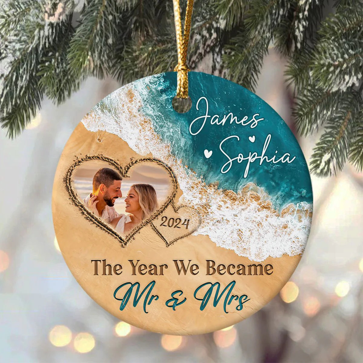 The Year We Became Mr & Mrs – Personalized Beach Christmas Ceramic Ornament Gift For Couple - Image 4
