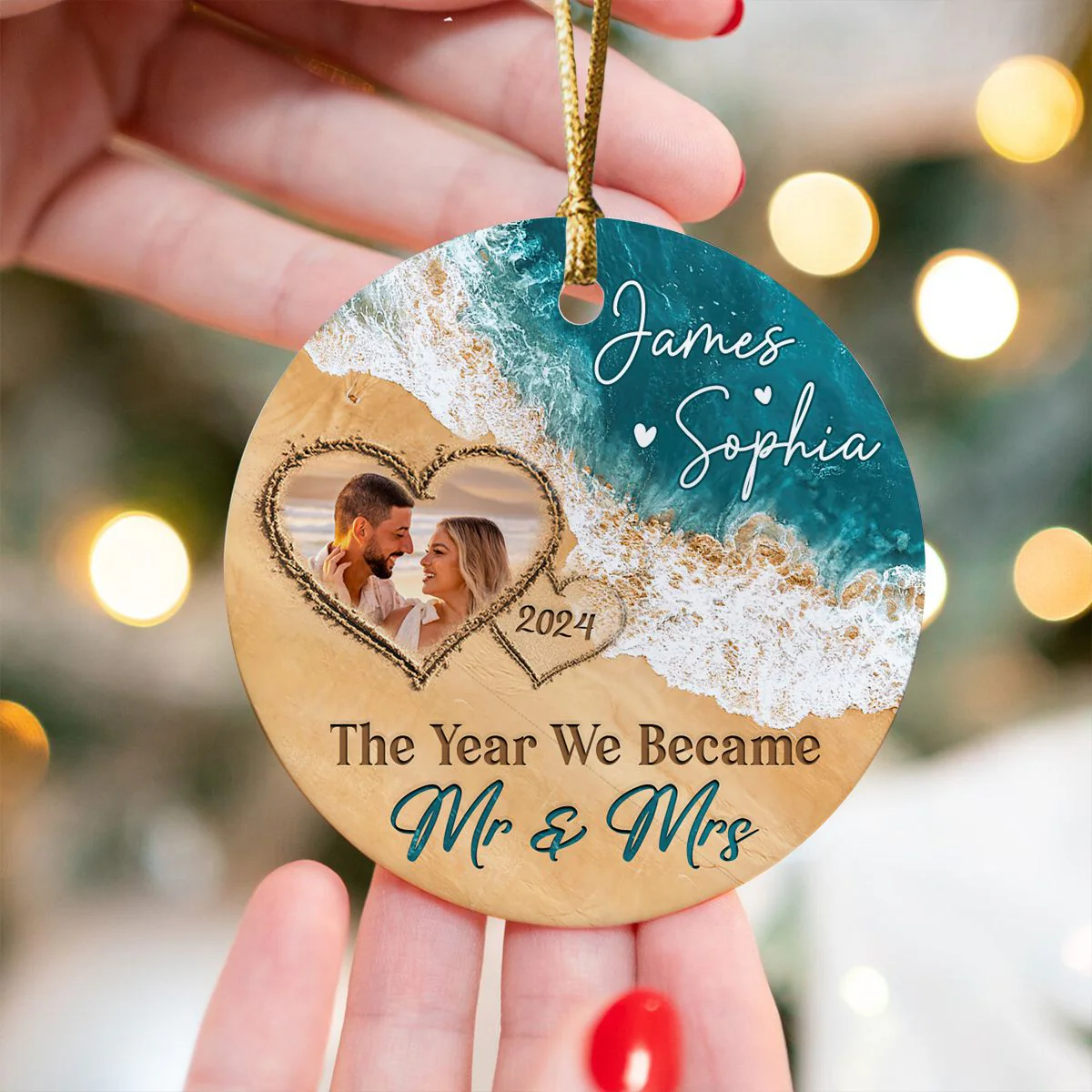 The Year We Became Mr & Mrs – Personalized Beach Christmas Ceramic Ornament Gift For Couple - Image 5