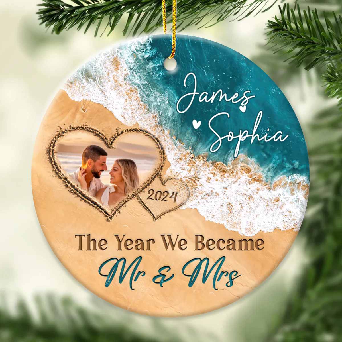 The Year We Became Mr & Mrs – Personalized Beach Christmas Ceramic Ornament Gift For Couple - Image 6
