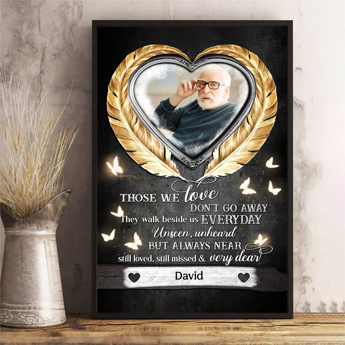 Those We Love Don't Go Away - Personalized Heart Feathers Canvas/Poster - Image 3