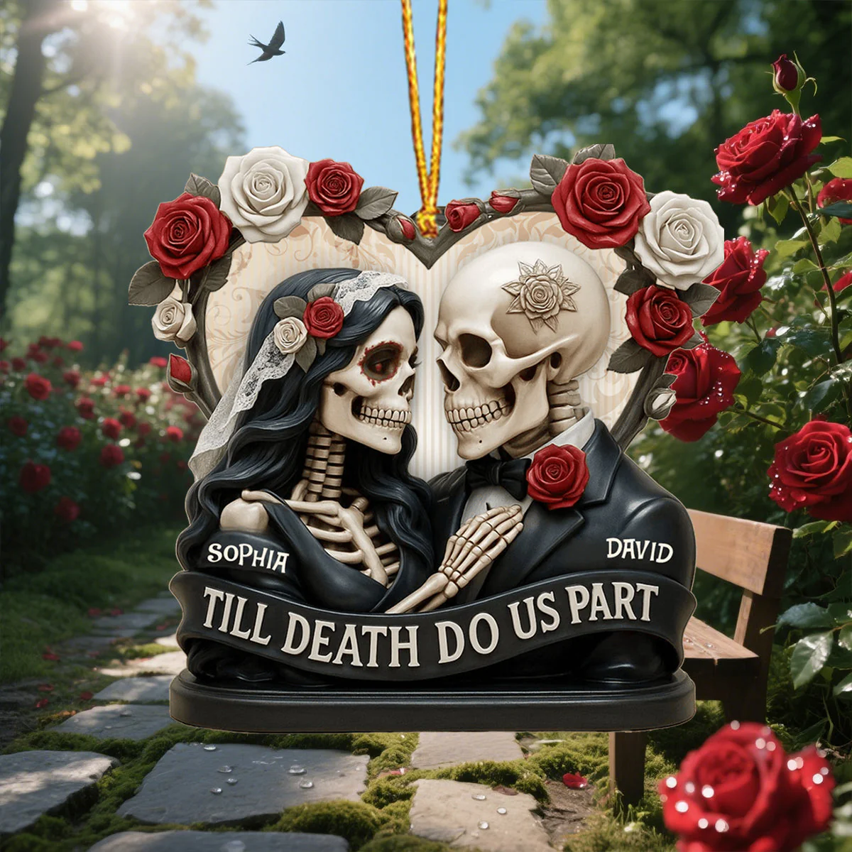 Till Death Do Us Part, Skeletons And Roses, Custom Acrylic Ornament, Personalized Gift For Couples and Art Lovers - Image 2