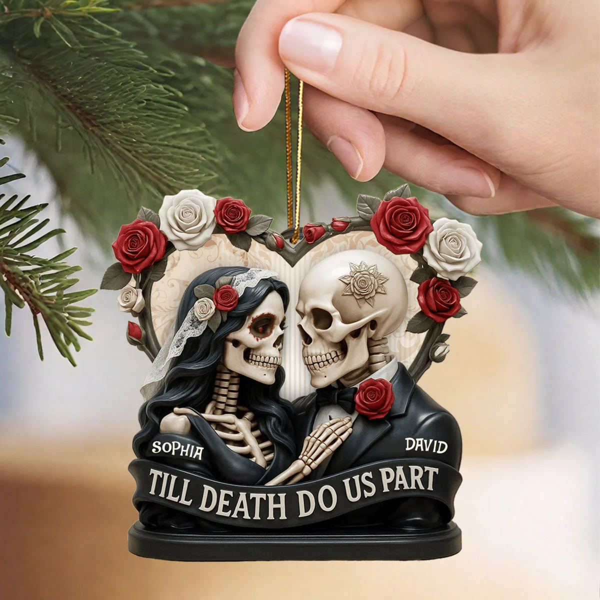 Till Death Do Us Part, Skeletons And Roses, Custom Acrylic Ornament, Personalized Gift For Couples and Art Lovers - Image 3