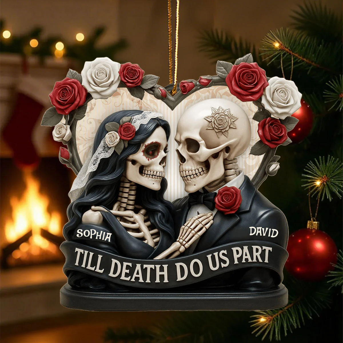 Till Death Do Us Part, Skeletons And Roses, Custom Acrylic Ornament, Personalized Gift For Couples and Art Lovers - Image 4