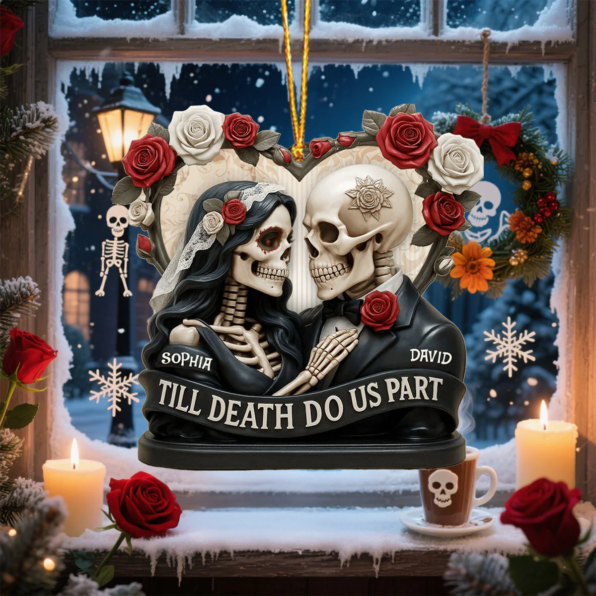 Till Death Do Us Part, Skeletons And Roses, Custom Acrylic Ornament, Personalized Gift For Couples and Art Lovers - Image 5