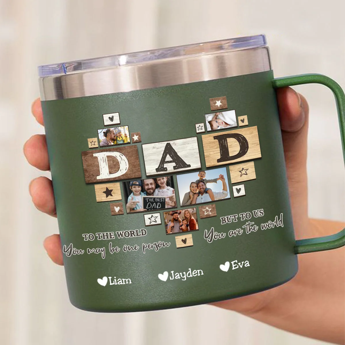 To Me You Are The World Dad Heart - Personalized Custom 14oz Stainless Steel Tumbler With Handle - Image 5