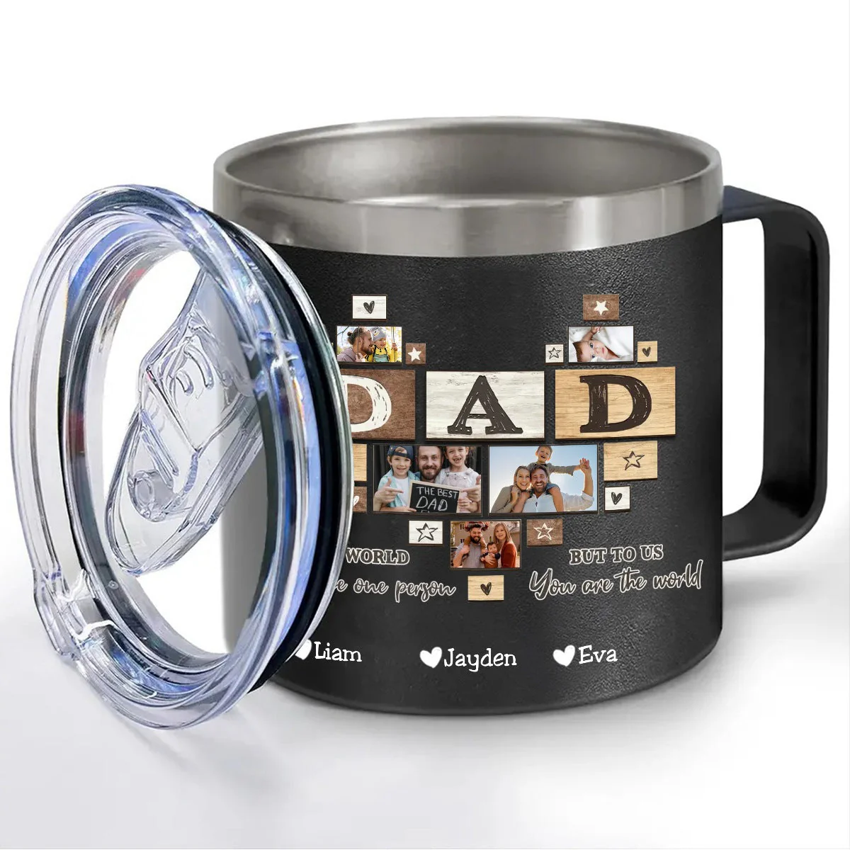 To Me You Are The World Dad Heart - Personalized Custom 14oz Stainless Steel Tumbler With Handle - Image 6