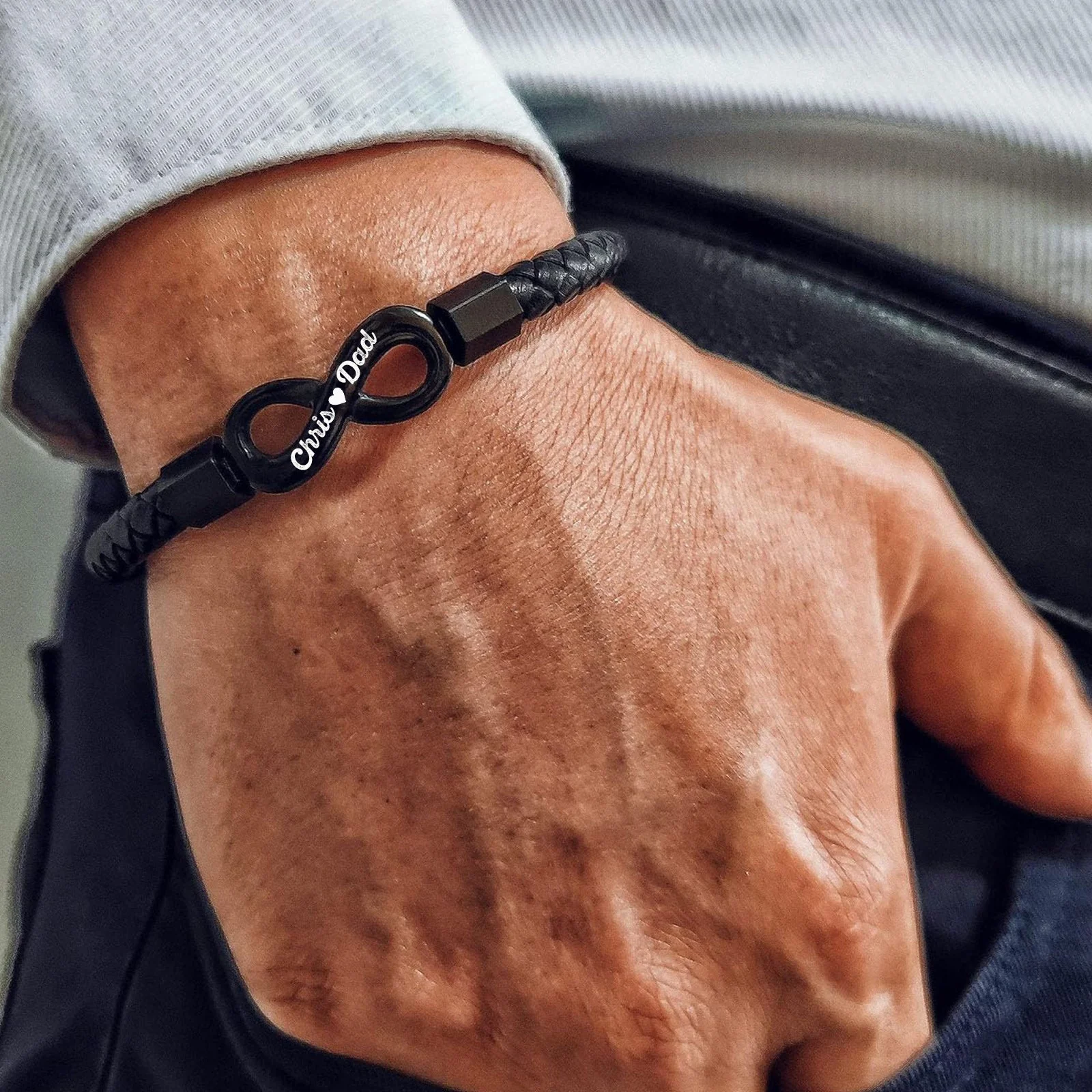 To My DAD-Personalized Dual Name Infinity Leather Bracelet - Image 2
