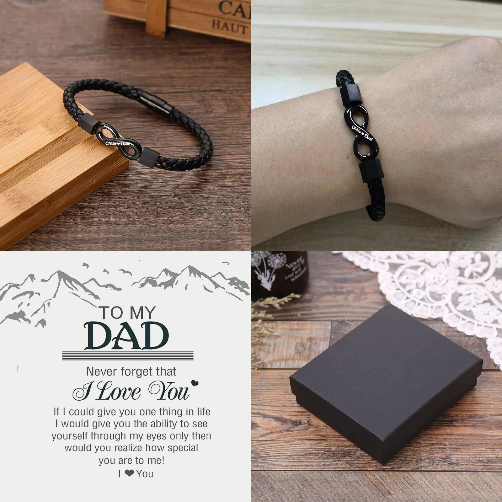 To My DAD-Personalized Dual Name Infinity Leather Bracelet - Image 4