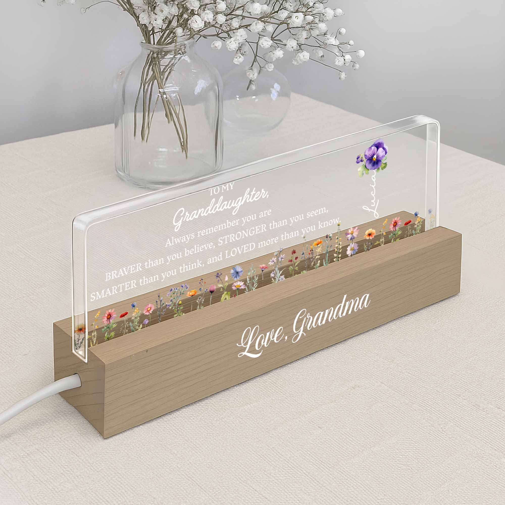 To My Granddaughter Always Remember You Are Braver Flowers, Personalized LED Night Light With Wooden Base, Gift For Granddaughters - Image 2