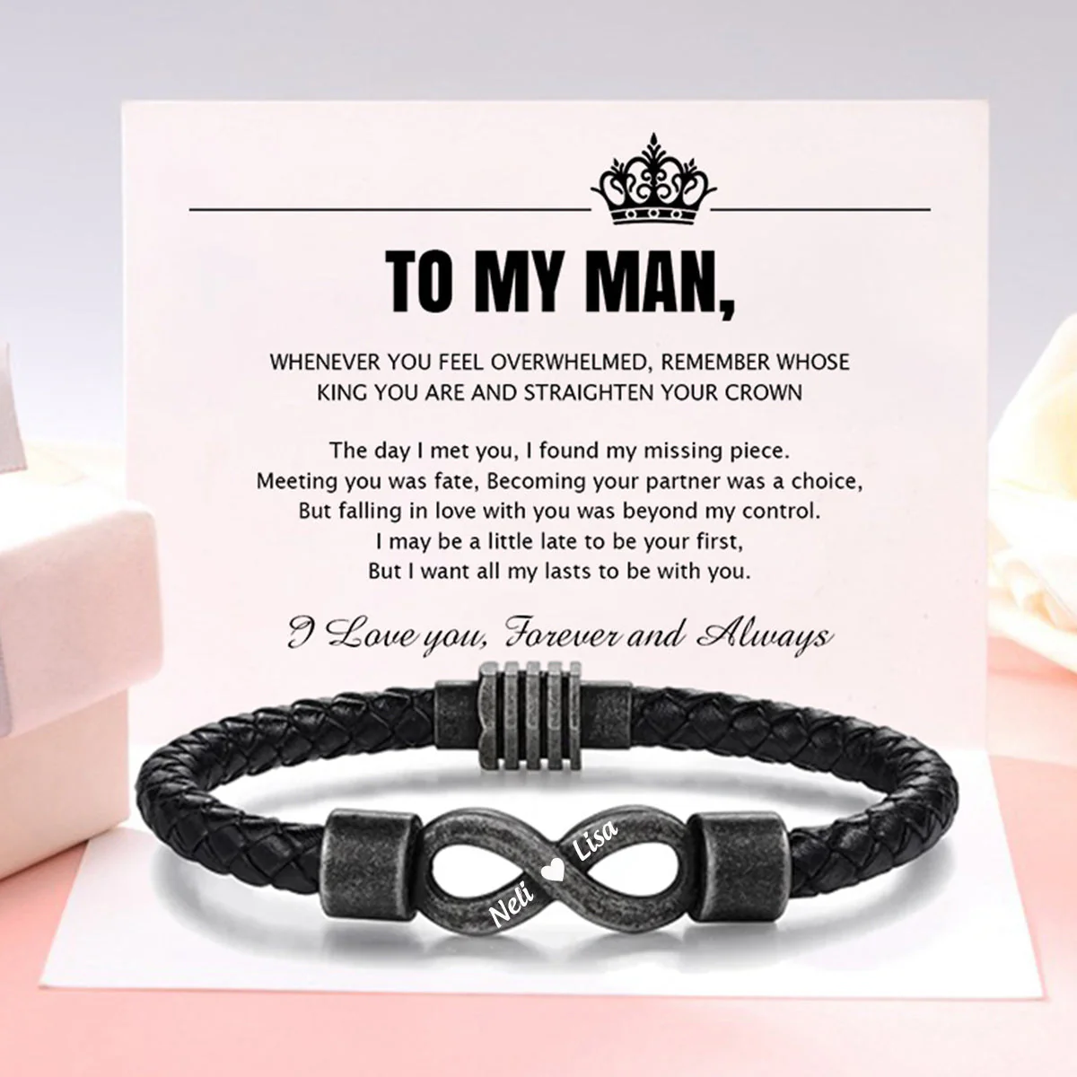 To My Husband-Personalized Couple names Leather Bracelet - Image 2