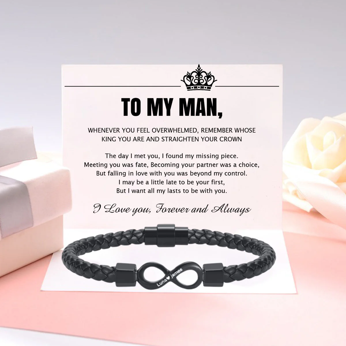 To My Man, Personalized Dual Name Infinity Leather Bracelet - Image 2
