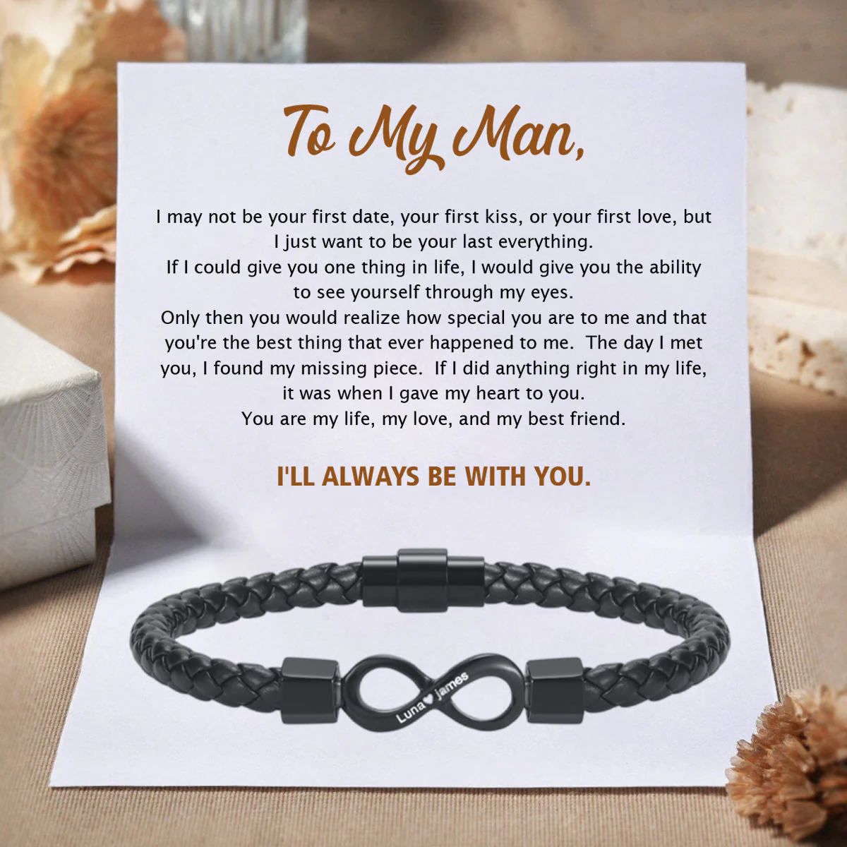 To My Man, Personalized Dual Name Infinity Leather Bracelet - Image 3
