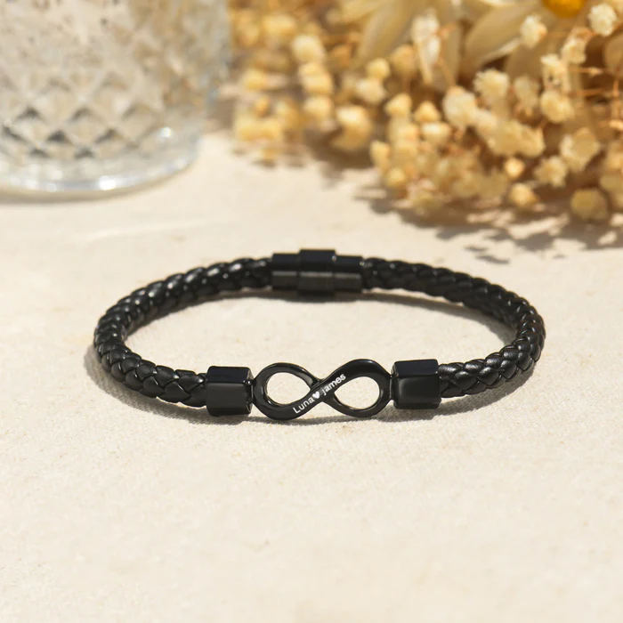 To My Man, Personalized Dual Name Infinity Leather Bracelet - Image 4