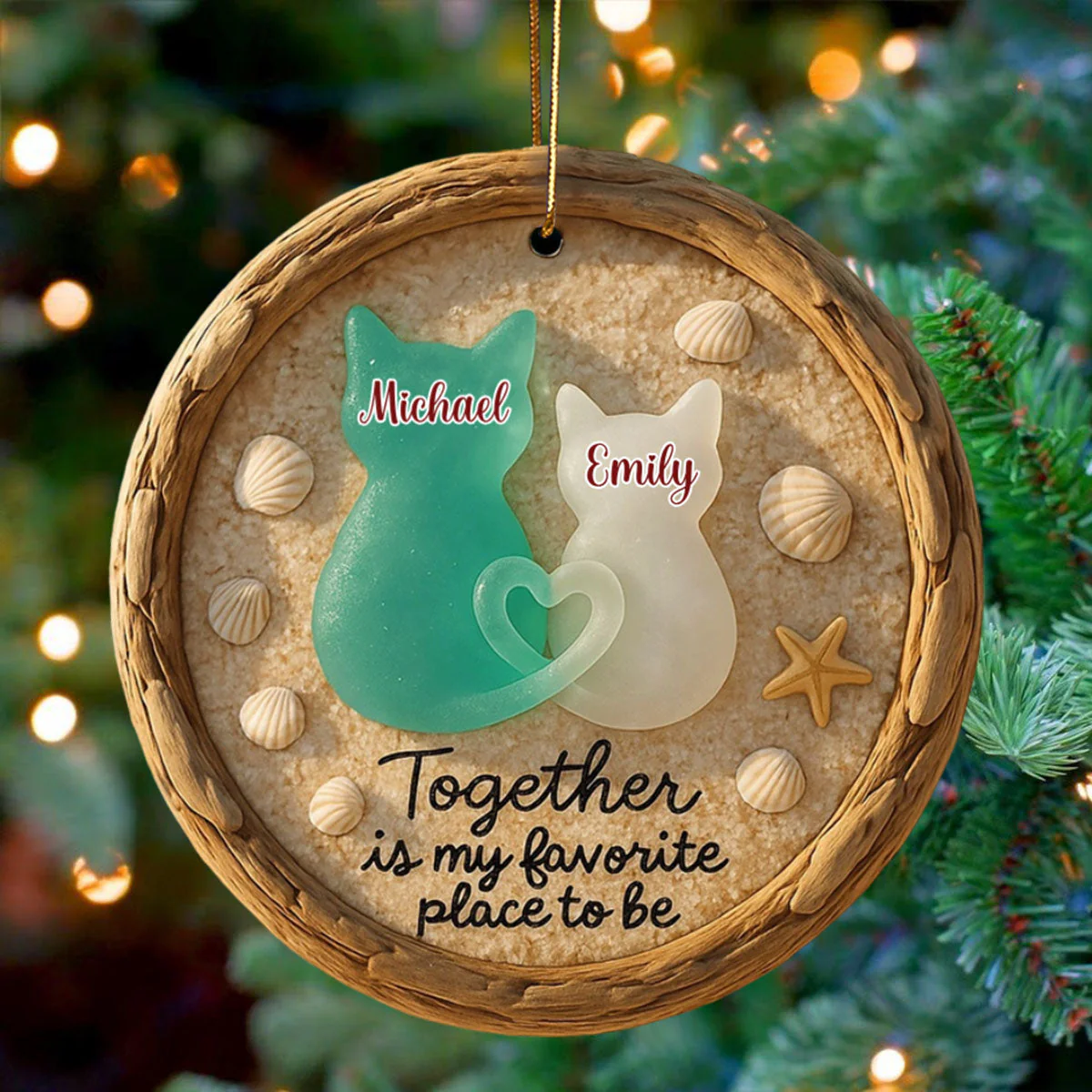 Together Is My Favorite Place to Be - Personalized Sea Glass Cat Couple Beach Ornament - Image 2