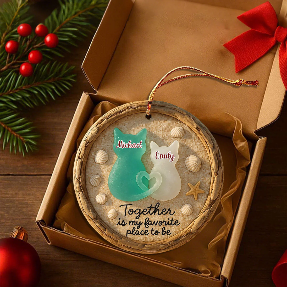 Together Is My Favorite Place to Be - Personalized Sea Glass Cat Couple Beach Ornament - Image 3
