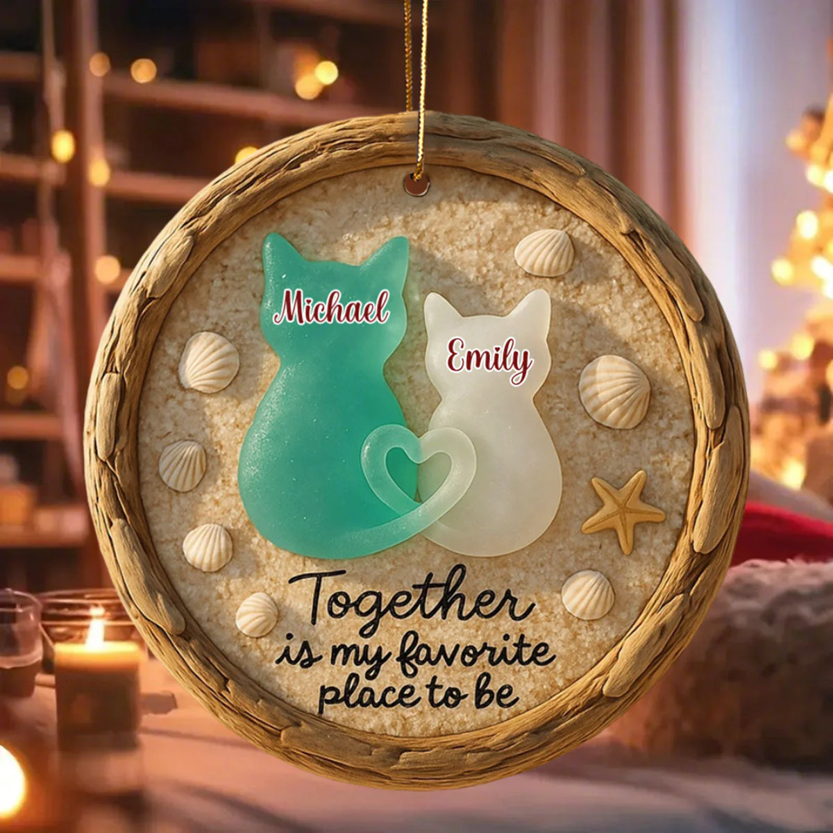 Together Is My Favorite Place to Be - Personalized Sea Glass Cat Couple Beach Ornament - Image 4