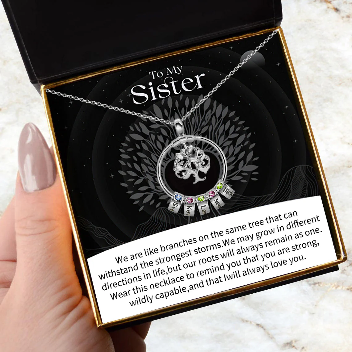 To My Sister-Tree of Life Heart Necklace With Custom Name&Birthstone Beads - Image 14