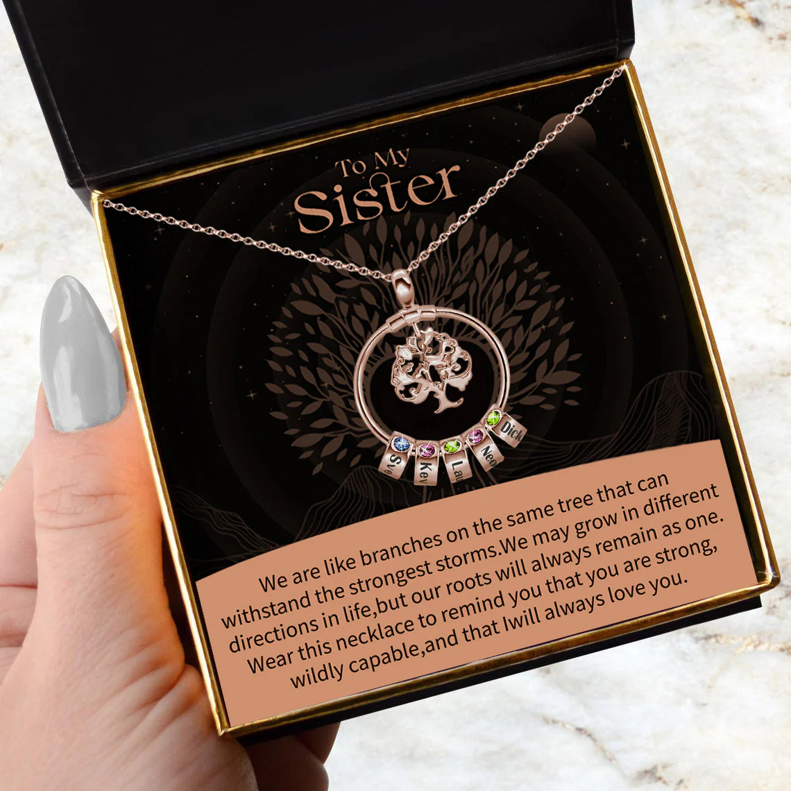 To My Sister-Tree of Life Heart Necklace With Custom Name&Birthstone Beads - Image 18