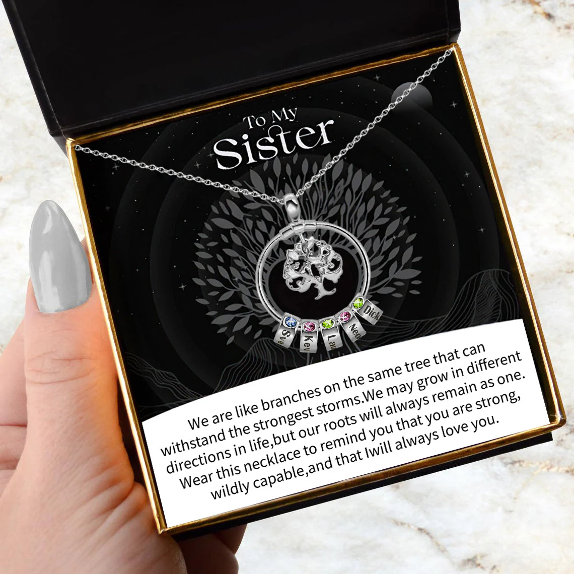 To My Sister-Tree of Life Heart Necklace With Custom Name&Birthstone Beads - Image 19