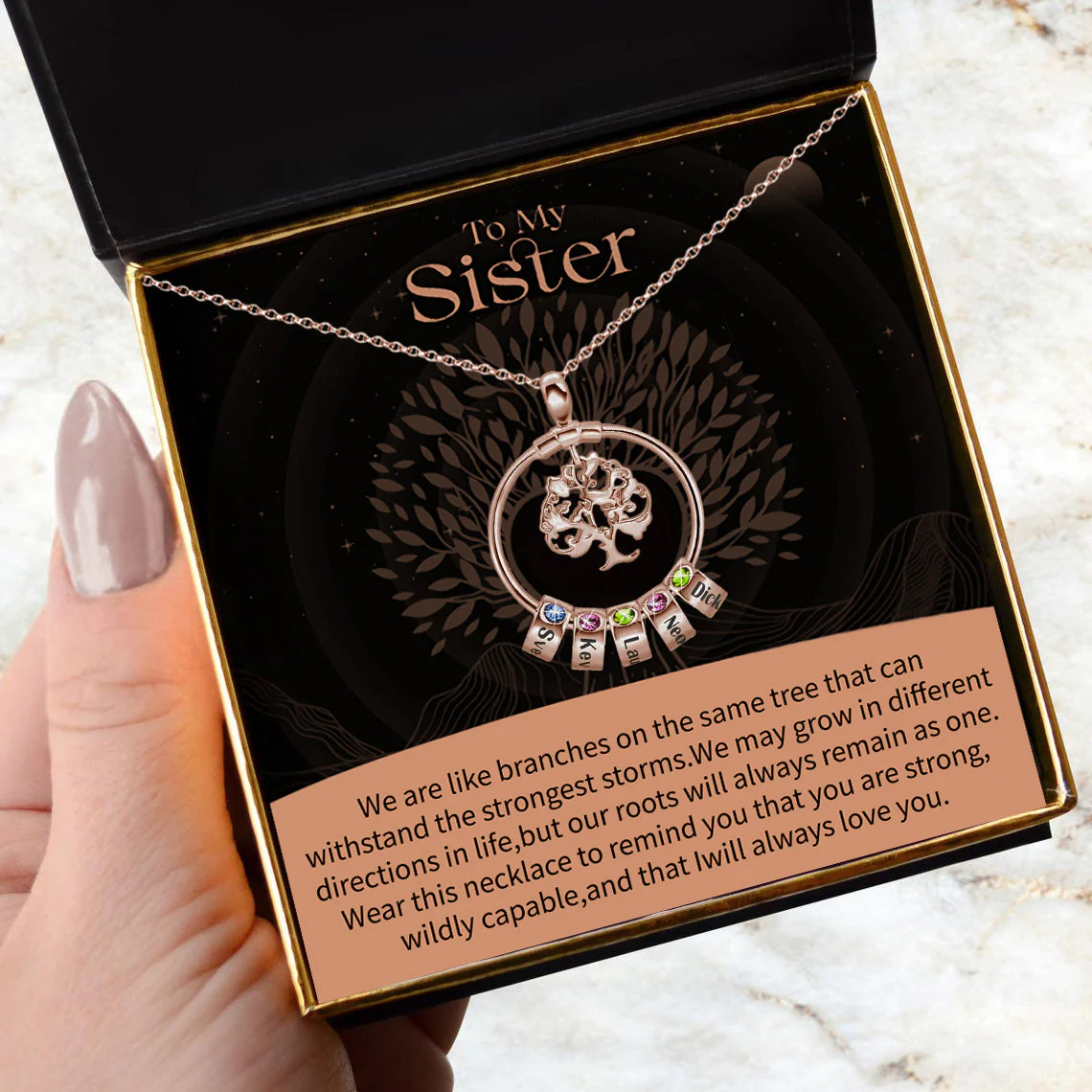 To My Sister-Tree of Life Heart Necklace With Custom Name&Birthstone Beads - Image 20