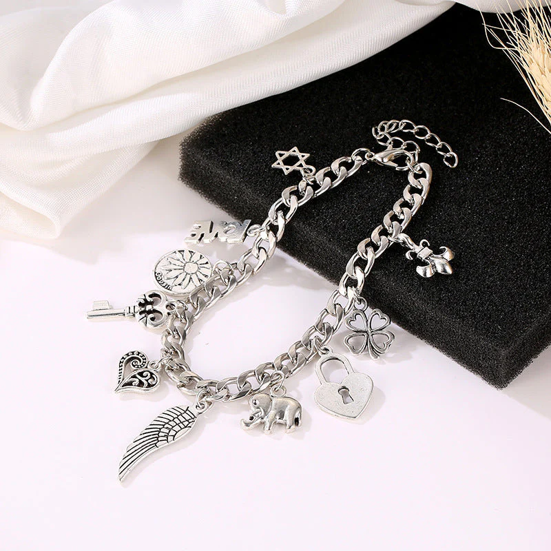 Vintage Engraved Heart Lock Key Wings Charm Ancient Silver Bracelet - Image 3