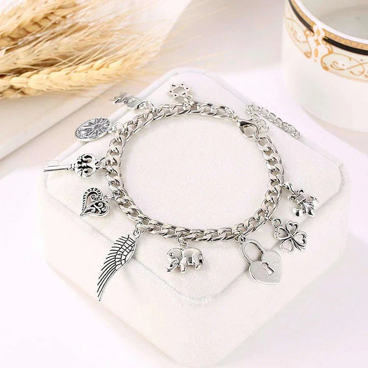 Vintage Engraved Heart Lock Key Wings Charm Ancient Silver Bracelet - Image 4