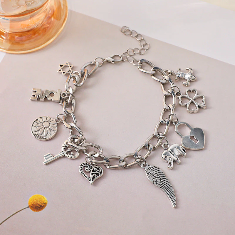 Vintage Engraved Heart Lock Key Wings Charm Ancient Silver Bracelet - Image 5